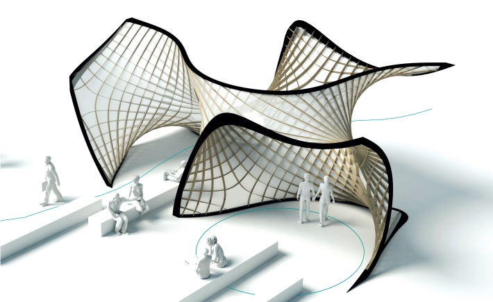 Fig. 4: Design proposal for an Asymptotic Gridshell for the Structural Membranes Conference 2017 in Munich. Design & Visualisation: Denis Hitrec